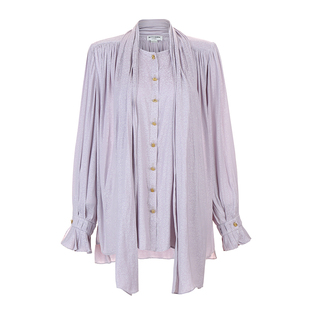 Bettychow 鎏金咖啡豆 冰丝提花淡紫色衬衫重工法式chic飘带上衣