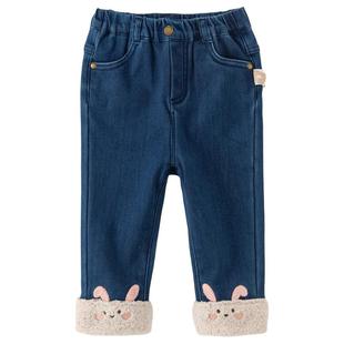 戴维贝拉儿童牛仔裤女2025冬装女童加绒裤子女宝宝薄绒休闲裤外穿