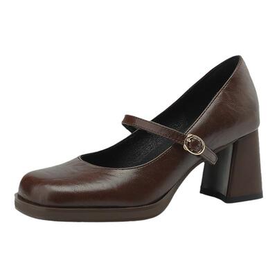 粗高跟一字扣带玛丽珍浅口单鞋