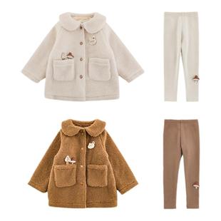 幼悠女童冬季套装手缝立体玩偶毛绒外套中长款加绒加厚蘑菇打底裤