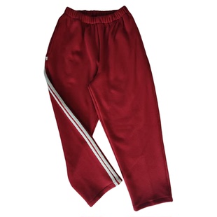 学生校服裤子冬季加绒酒红色拼接两道白条纹加厚纯棉直筒大码长裤