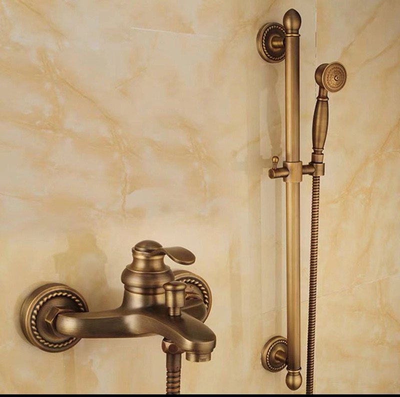 欧式仿古浴缸简易花洒水龙头黑黄铜混冷热洒墙式古淋浴房淋浴花入