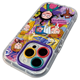 涂鸦小魔女适用苹果17pro奶油羽纱纹卡通手机壳iphone16pro可爱华为苹果13创意可爱保护套防摔15ProMax