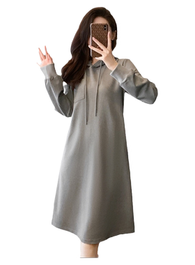 灰色连帽长袖中长款卫衣女秋冬