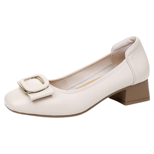 浅口单鞋女粗跟中跟真皮软底妈妈鞋舒适不累脚软皮女鞋子通勤皮鞋