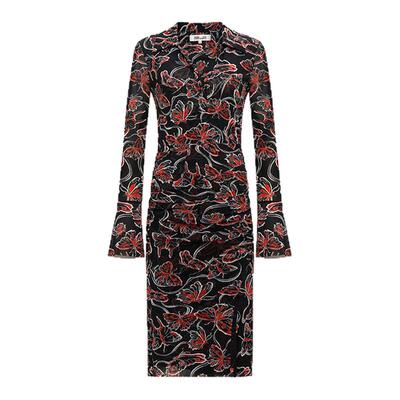 DVF黑红蝴蝶花弹力网纱连衣裙
