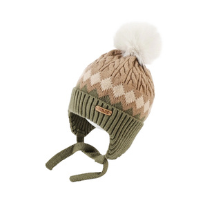 儿童帽子秋冬季韩版格子毛球帽保暖防风毛线帽男女宝宝护耳针织帽