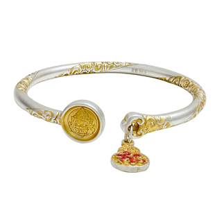 黄财神银手镯女9999纯葫芦古法描金年轻款银镯子妈妈生日礼物女士