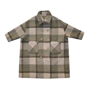 H AND E原创设计女童绿格森系格纹双面羊毛大衣加厚儿童毛呢外套