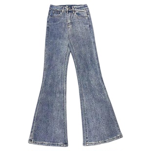 李李服饰烫钻高腰微喇加绒牛仔裤女2026新款不贴腿显瘦喇叭裤