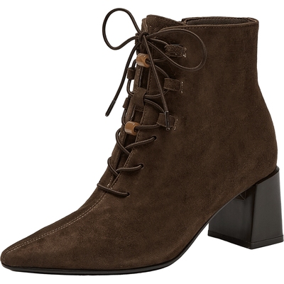 真美诗羊皮贵气尖头粗跟时装靴