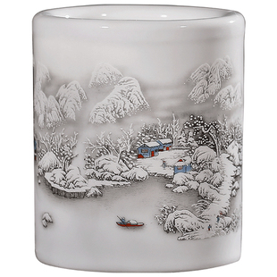 景德镇陶瓷笔筒文具用品文房毛笔筒文房四宝小号雪景山水办公用品