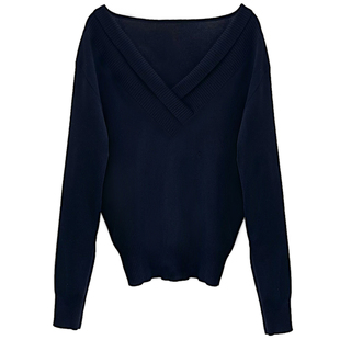 柔软亲肤冰丝鸡心领长袖针织衫女春季宽松修身显瘦锁骨上衣春秋