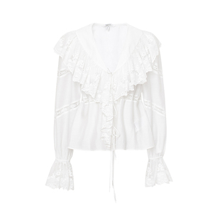 TOP家 浪漫梦境 法式复古朦胧美感 不对称波浪花边长袖醋酸衬衫