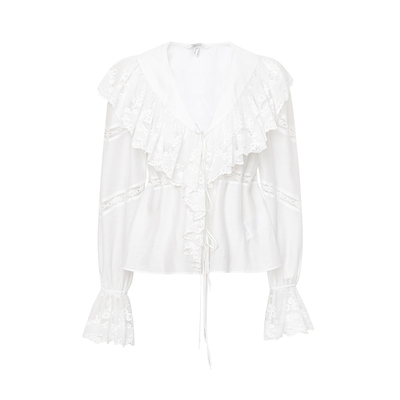 TOP家 浪漫梦境 法式复古朦胧美感 不对称波浪花边长袖醋酸衬衫