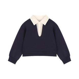 Amybaby女童套装春季2026新款简约假两件衬衫领拼接卫衣A字半身裙