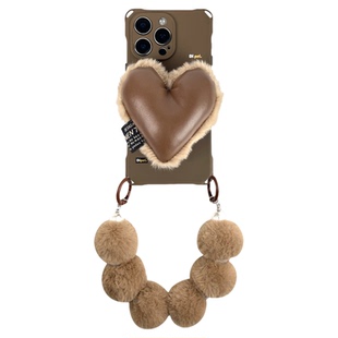 秋冬新款毛绒心~17promax支架手机壳~适用苹果16plus华为mate70Pro/60四角开孔pura80斜挎13挂绳小米15新款14