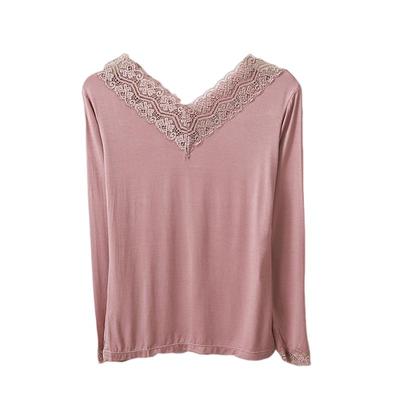 秋冬莫代尔蕾丝花边V领长袖打底