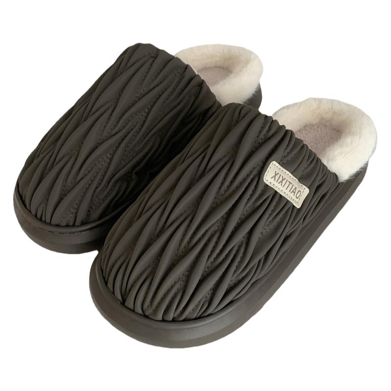 潮酷创意褶皱PU皮防水棉拖鞋男士冬季时尚居家防滑保暖高级感棉鞋