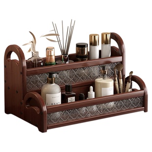 复古法式风梳妆台实木多层化妆品置物架护肤品口红首饰收纳整理架