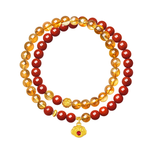 周大生黄金红玛瑙黄水晶手串足金玉石手链如意手绳生日礼物送女友