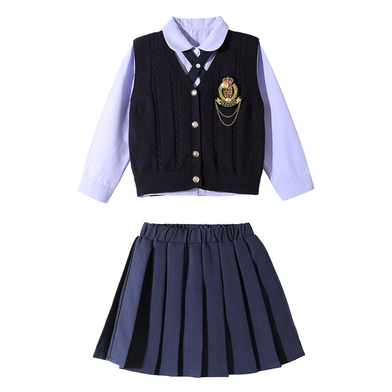 女童园服校服学院风演出服套装春秋儿童jk衬衫马甲百褶裙子三件套