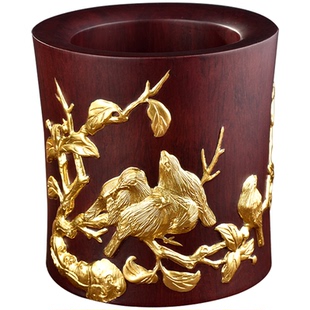 金陵金箔黑梓木贴金五牛图笔筒南京特色文创伴手礼送客户老师礼品