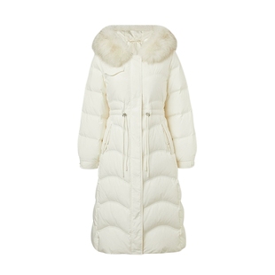 马天奴新款米白色毛领连帽羽绒服长款收腰加厚气质保暖外套百搭