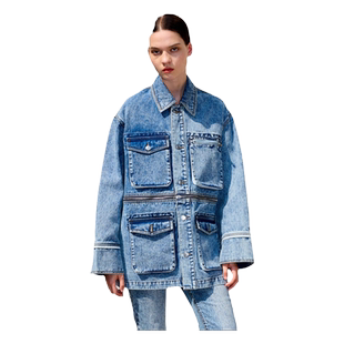 310MOOD春夏可拆卸廓形时尚设计蓝色纯棉翻领单排扣牛仔夹克外套