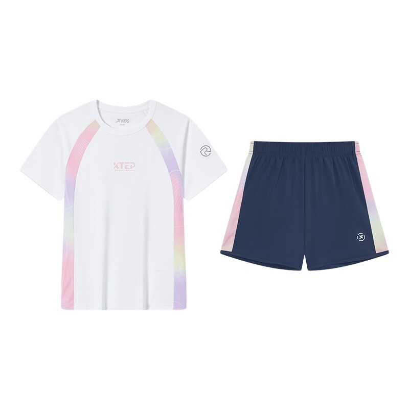氢风|特步童装女童短袖短裤两件套2026年夏季新款儿童短T拼接套装