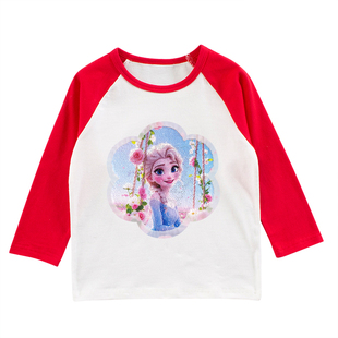 女童长袖T恤爱莎公主上衣儿童春秋款纯棉打底衫艾莎亮片变色衣服