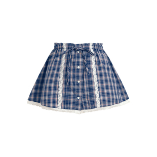 黄灿灿同款 Kroche 蕾丝拼接 复古藏青格纹松紧腰短款半身裙