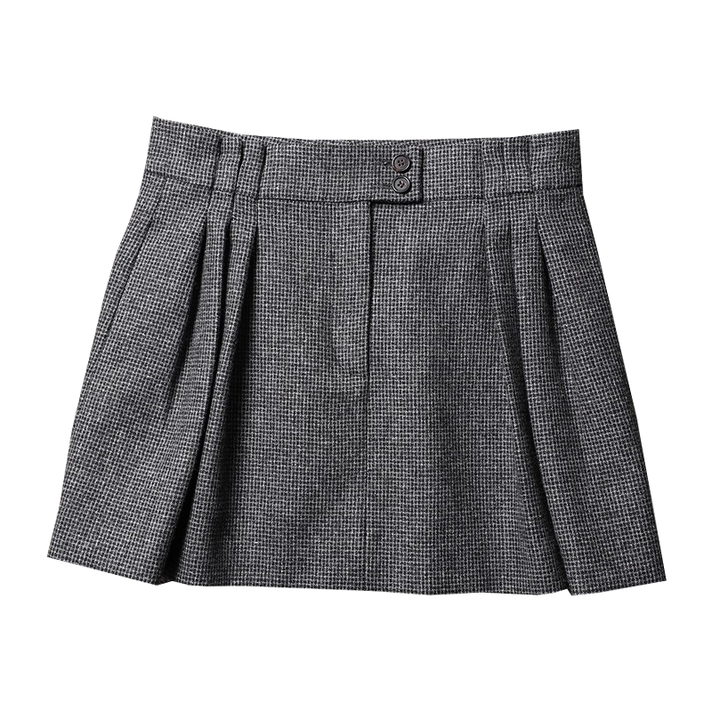 TANG TOWN自制高挑比例可无缝切换各式上装 立体百褶格纹羊毛半裙