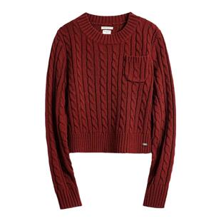 马登酒红色圆领套头修身短款针织衫绞花内搭加厚毛衣上衣女士秋冬