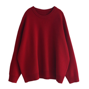 徐大脸吖定制 新年氛围感秋冬女100澳洲羊毛圆领针织衫上衣红毛衣