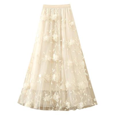 复古立体刺绣花纱裙半身裙女春夏新款中长款仙女a字裙大摆网纱裙