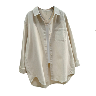 米白色全棉磨毛加厚衬衫女春新款韩版休闲宽松上衣中长款工装外套