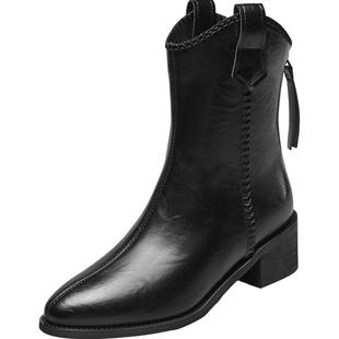 意尔康女鞋2025冬季单靴V口短靴法式气质显瘦复古西部靴迪木尔风