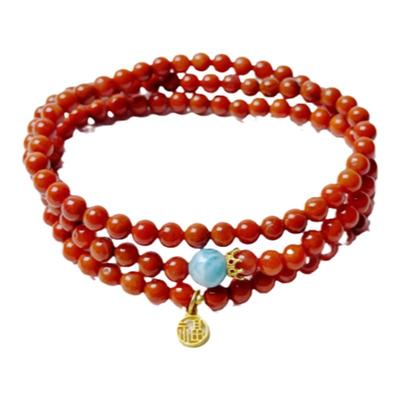 南红玛瑙手串满色冰飘南红配天然海纹石及福字独特设计款三圈5mm
