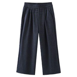 蓝色格子休闲裤女冬季加绒胖mm大码显瘦宽松慵懒垂感直筒阔腿长裤