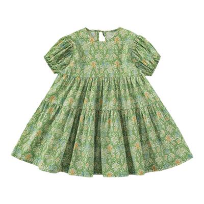 幼悠 女童夏季碎花A字裙儿童活泼俏丽弹力泡泡袖口蝴蝶系带连衣裙