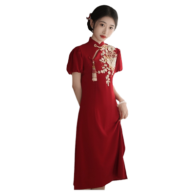 酒红色改良绣花旗袍裙女