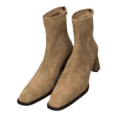 粗跟复古单靴加绒方头瘦瘦短靴