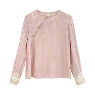 JKJS【桃花酿】人丝交织提花 粉色衬衫上衣女气质新中式斜襟小衫