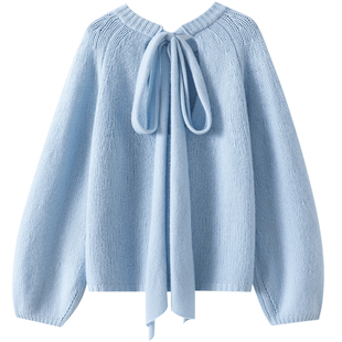 仙域氛围感~后飘带蝴蝶结100%纯山羊绒衫女圆领纯羊绒毛衣宽松