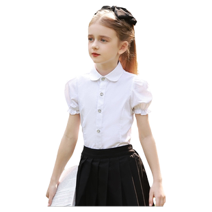 罗蒙女童学院风短袖泡泡袖白色衬衫小学生演出校园服儿童半袖衬衣
