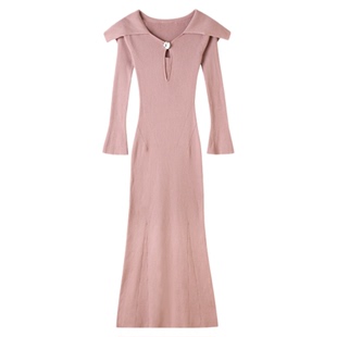 SNIDEL2025秋冬新品优雅翻领修身长袖纯色针织连衣裙SWNO254307