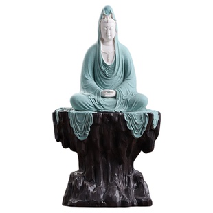 东方泥土《坐岩静思观音》陶瓷观音佛像摆件客厅博古架玄关工艺品
