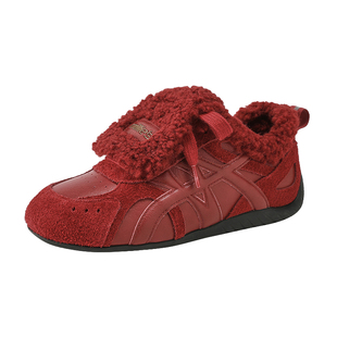 MILLIE'S/妙丽复古红色德训鞋女款新款加绒毛毛鞋内增高休闲鞋子