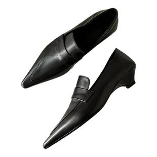 羊皮尖头法式绝美气质单鞋女士百搭真皮小猫跟中跟浅口通勤小皮鞋